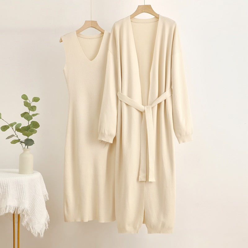 2-Piece V-Neck Dress and Cardigan Set