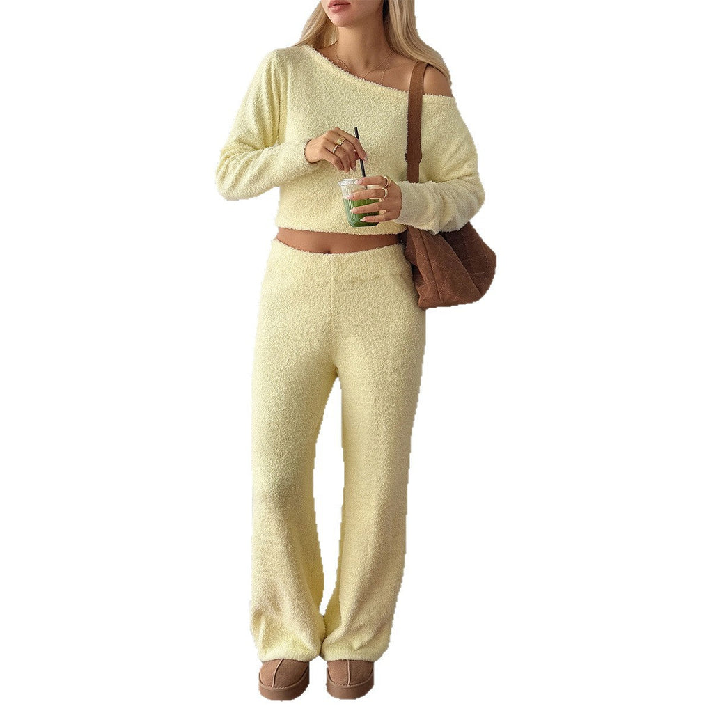 Women's Cozy Bouclé Lounge Set with One-Shoulder Crop Pullover and High-Waist Palazzo Pants