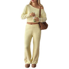 Women's Cozy Bouclé Lounge Set with One-Shoulder Crop Pullover and High-Waist Palazzo Pants