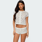 Women's Crochet Short Sleeve Top and Shorts Set