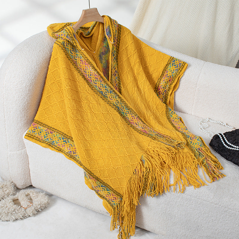 Elegant Women's Poncho with Textured Design and Fringe