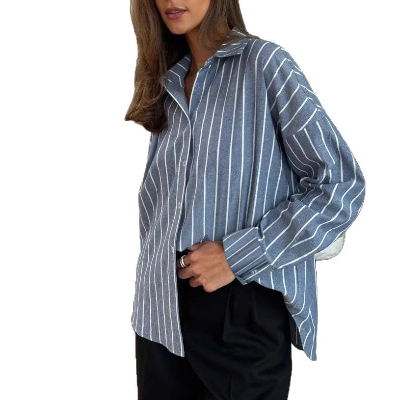 Casual Women's Cotton Blouse with Striped Design and Loose Fit