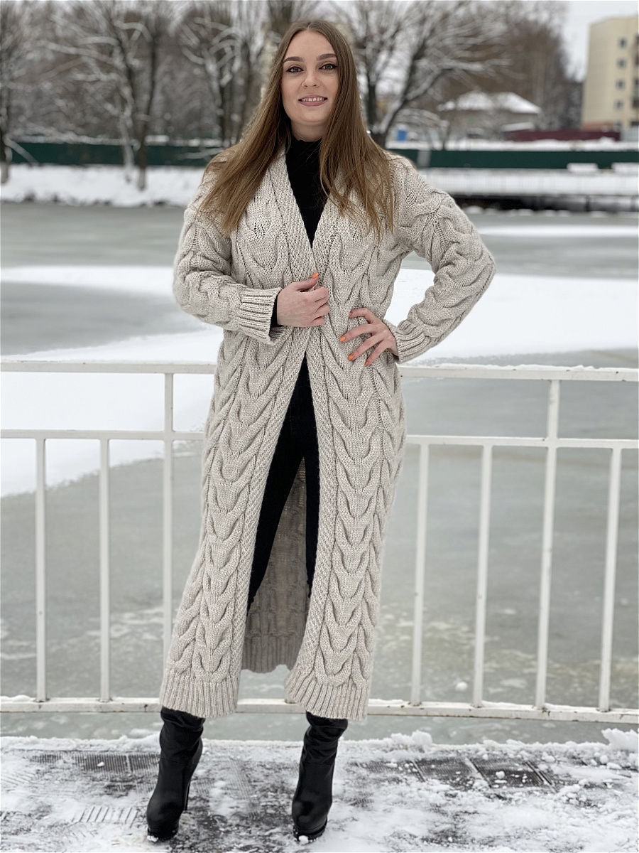 Women's Chunky Knit Coat with Distinctive Cable Knit Design and Open Front