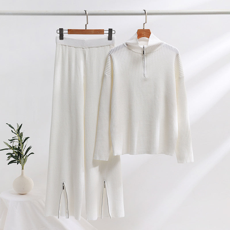 Casual Knit Ensemble with High Collar and Side Slits