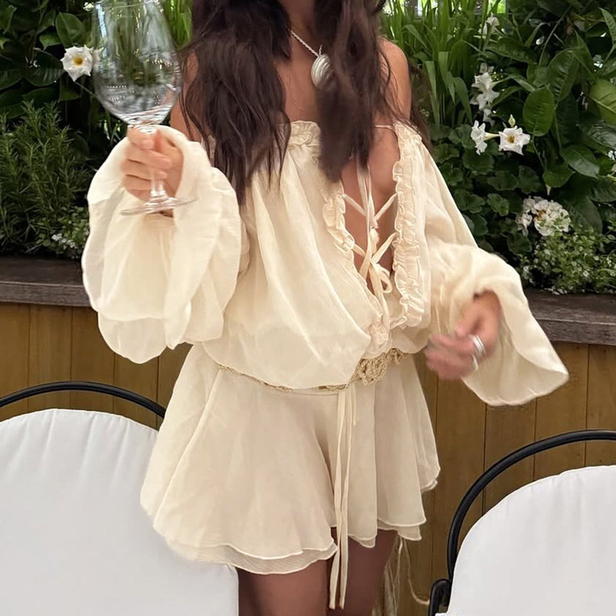 Women's Blouse with Ruffle Details and Lace-Up Accents
