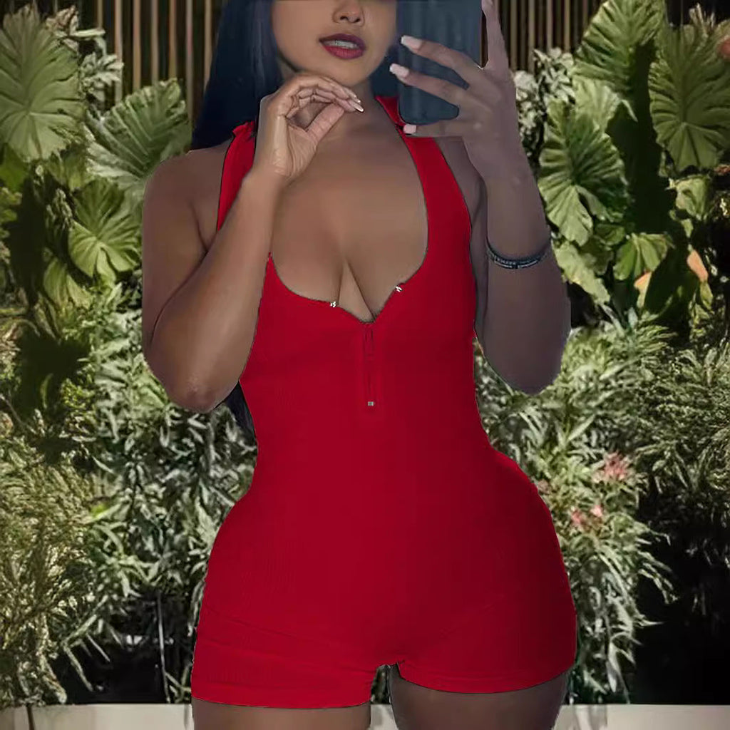 Women's Jumpsuit with Deep V-Neck and Zipper