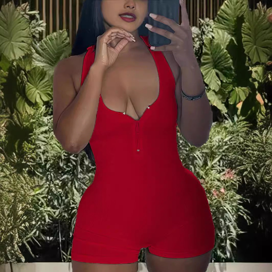 Women's Jumpsuit with Deep V-Neck and Zipper