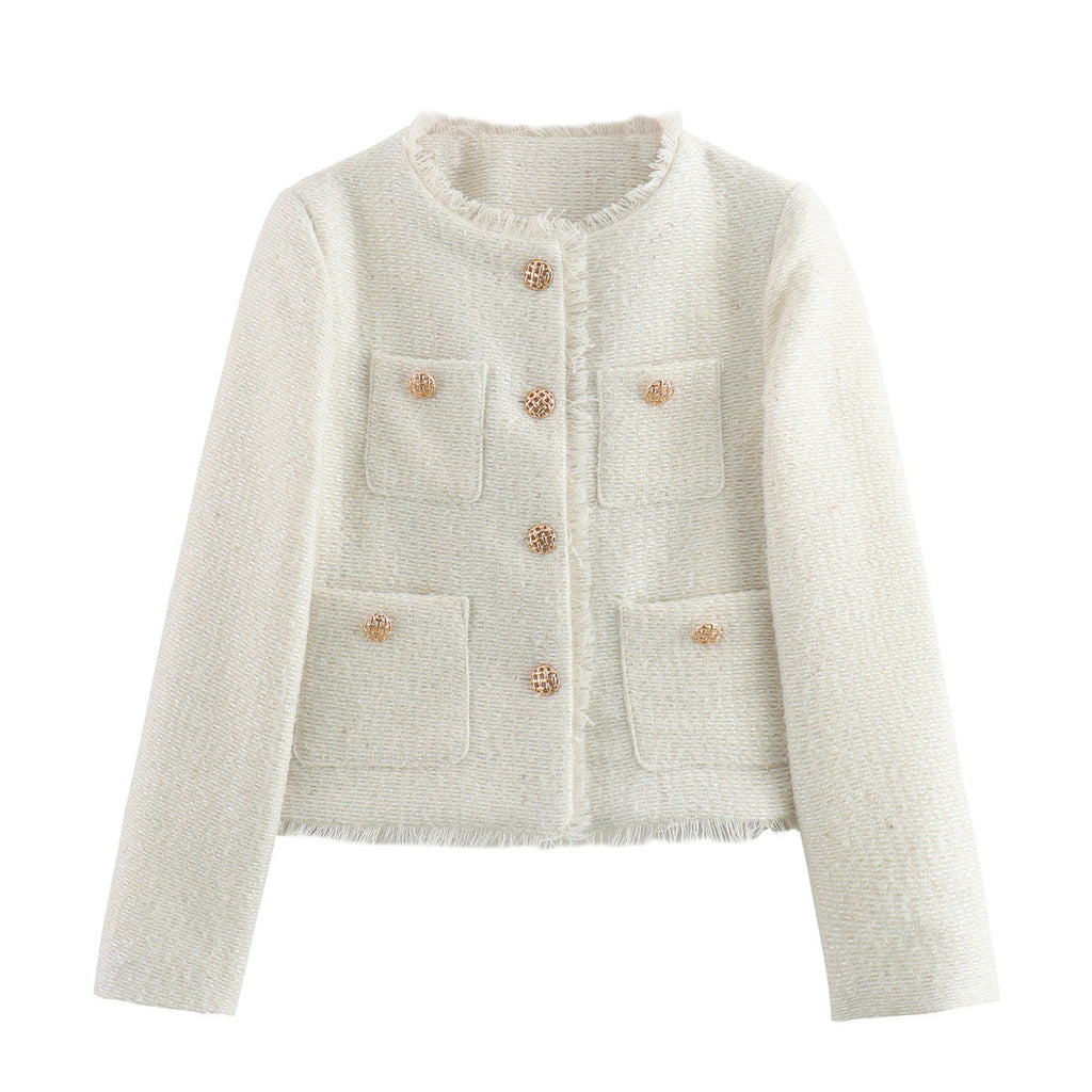 Women's Elegant Tweed Jacket with Fringe and Pockets