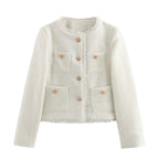Women's Elegant Tweed Jacket with Fringe and Pockets