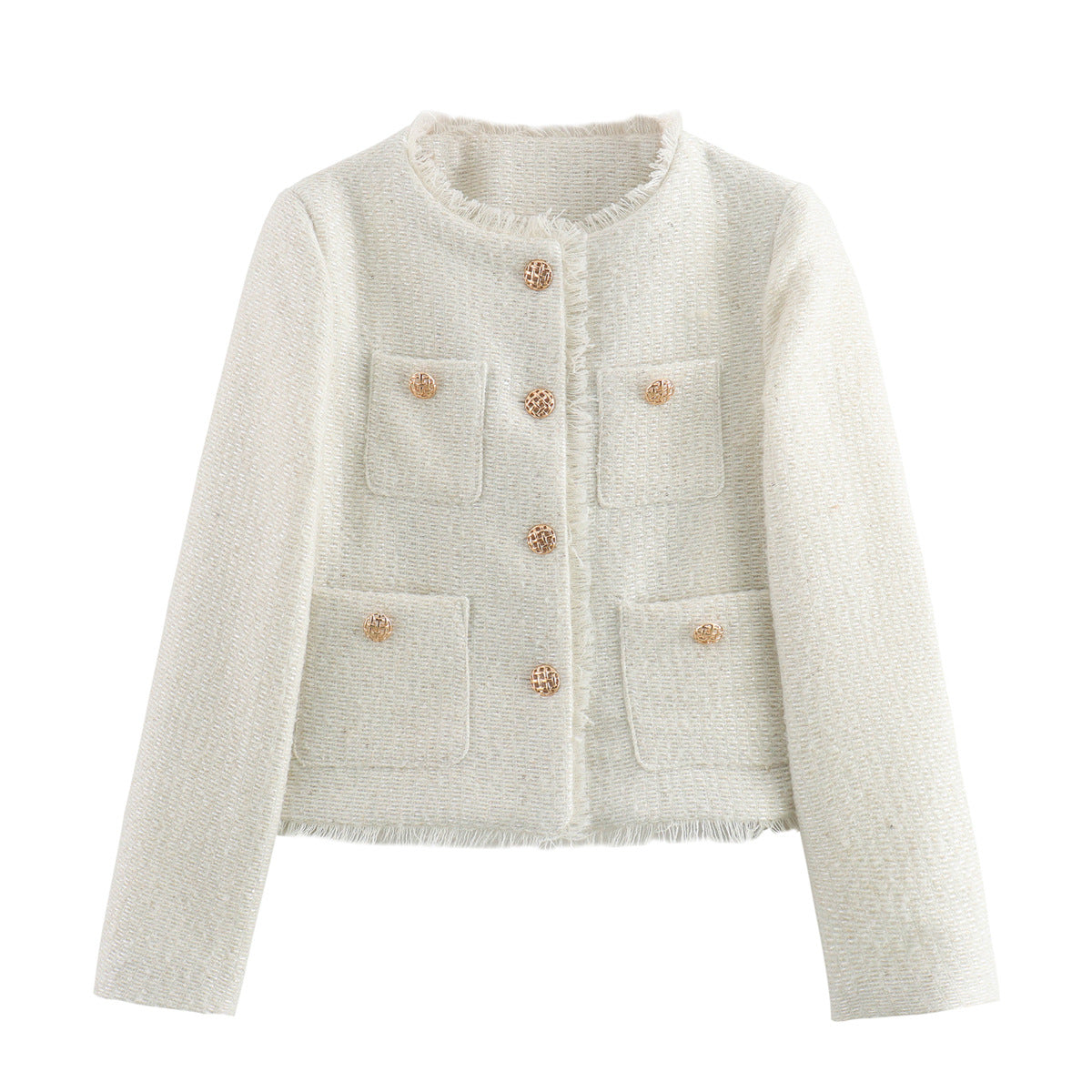 Women's Elegant Tweed Jacket with Fringe and Pockets