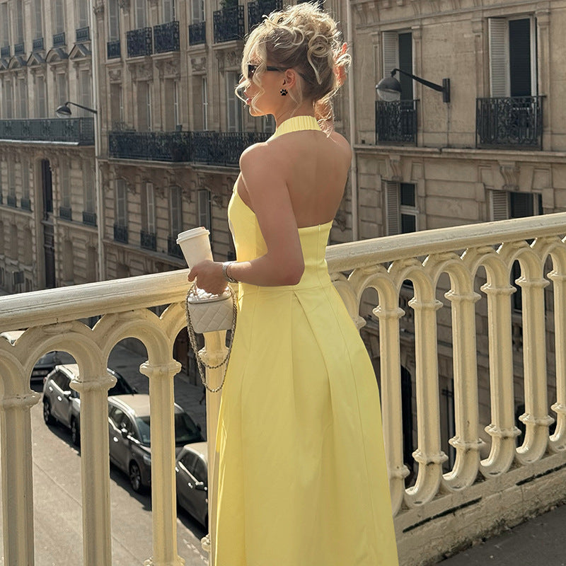 Women's Maxi Dress with Square Neckline and Waist Tie