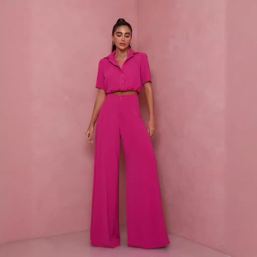 Women's Elegant Short-Sleeve Blouse and Palazzo Pants Ensemble