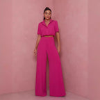 Women's Elegant Short-Sleeve Blouse and Palazzo Pants Ensemble