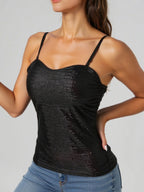 Women's Elegant Spaghetti Strap Shirt with Luxurious Sequins and Fine Rib Knit
