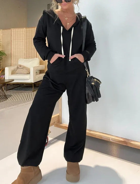 Casual Hoodie Jumpsuit with Deep V-Neck and Pockets