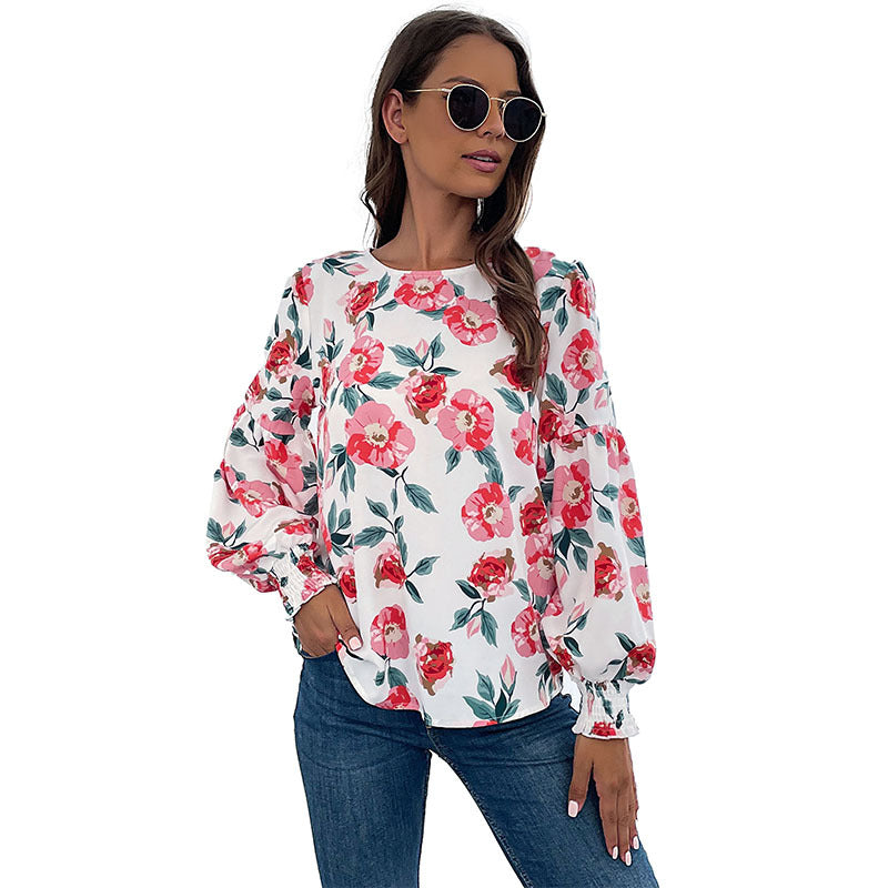 Women's Floral Print Blouse with Voluminous Sleeves