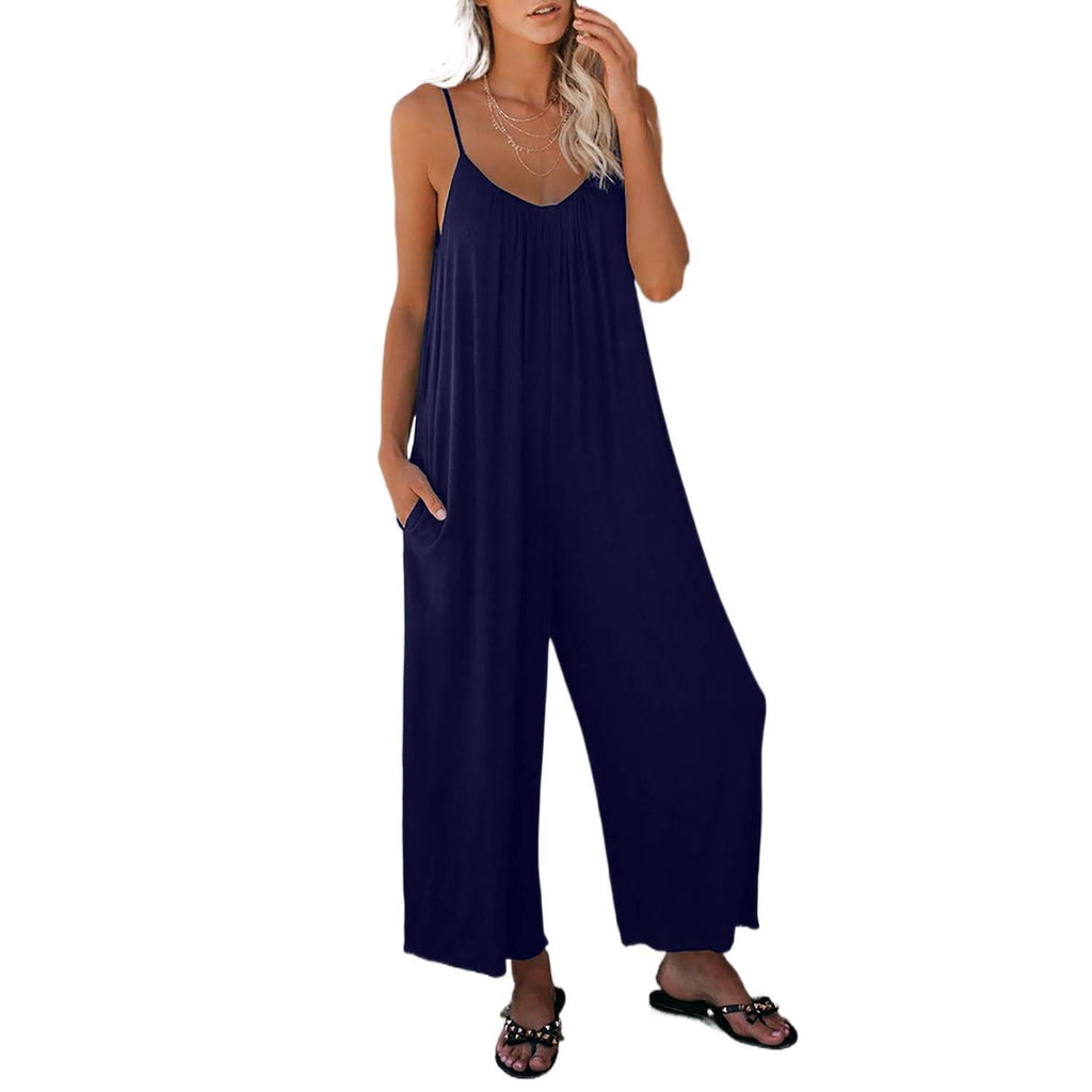 Women's Casual Summer Jumpsuit with Deep Neckline and Pockets