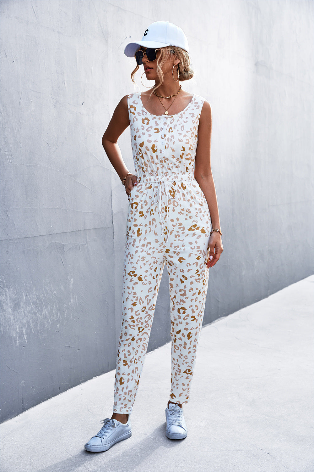 Women's Casual Leopard Print Jumpsuit with Pockets