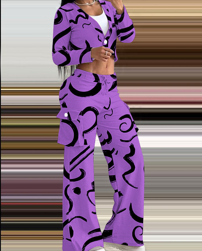 Women's Casual Set with Creative Print and Comfortable Pants