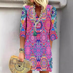 Mandala-Print Shirt Dress with V-Neck