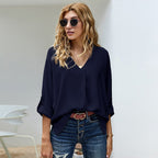 Women's Blouse with V-Neck and Casual Long Sleeves