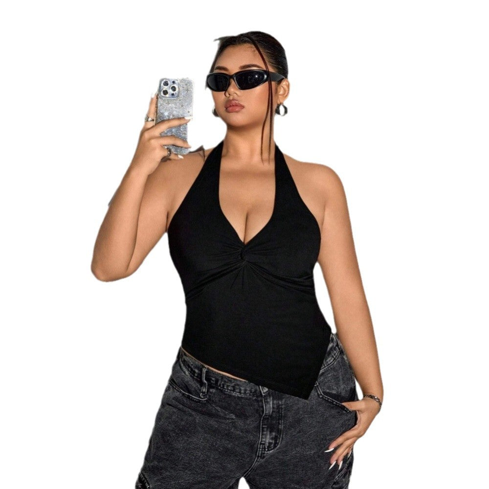 Sleeveless Top with Tie-Front V-Neck and Asymmetric Hem