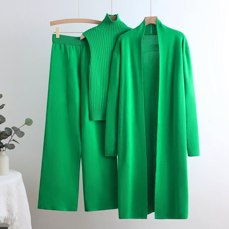 Women's Cozy Knit Loungewear Set with Long Cardigan and Ribbed Shirt