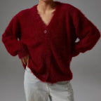 Women's Fluffy Cardigan with V-Neck and Oversized Cut