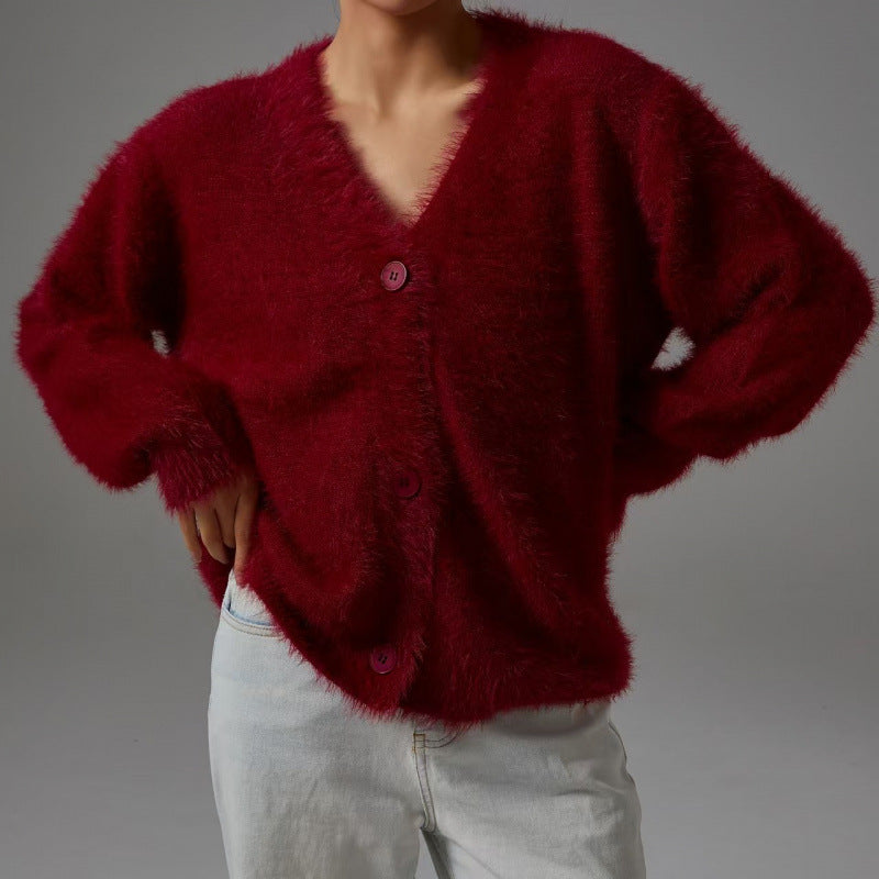 Women's Fluffy Cardigan with V-Neck and Oversized Cut