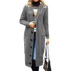 Elegant Women's Knit Coat with Deep V-Neck and Cable Knit Pattern