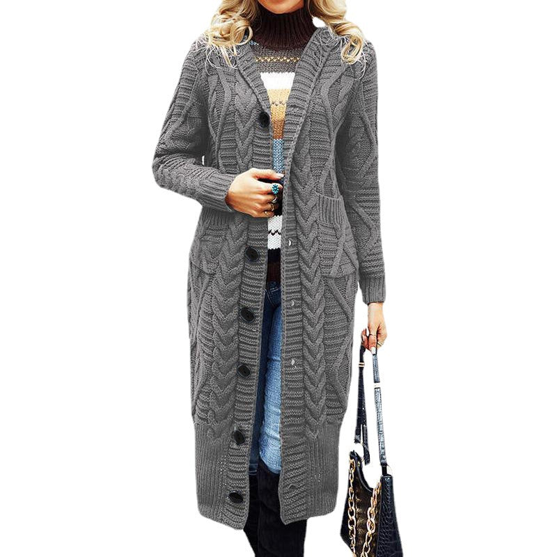 Elegant Women's Knit Coat with Deep V-Neck and Cable Knit Pattern