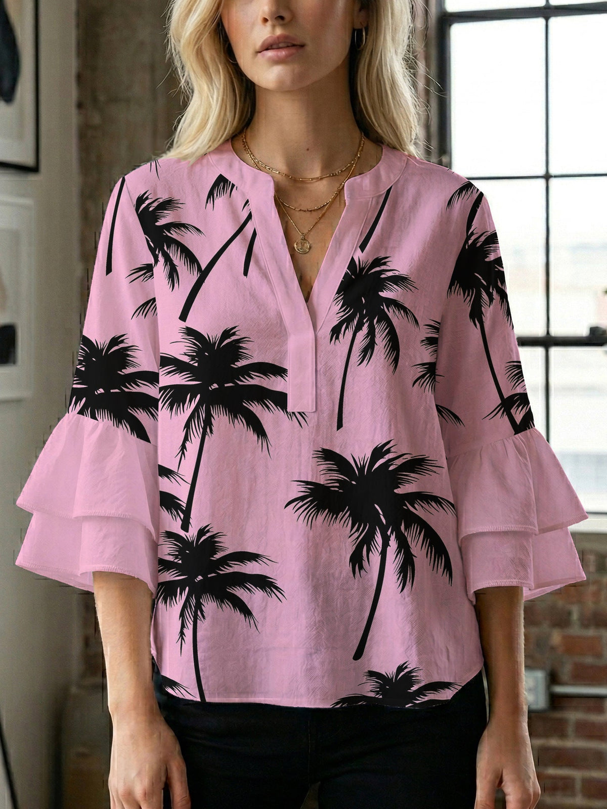 Women's Blouse with Voluminous Ruffle Sleeves and Modern Print