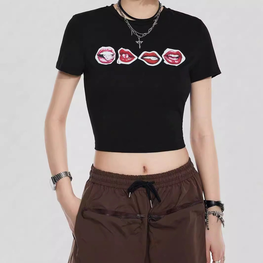 Women's Crop T-Shirt with Creative Lip Print