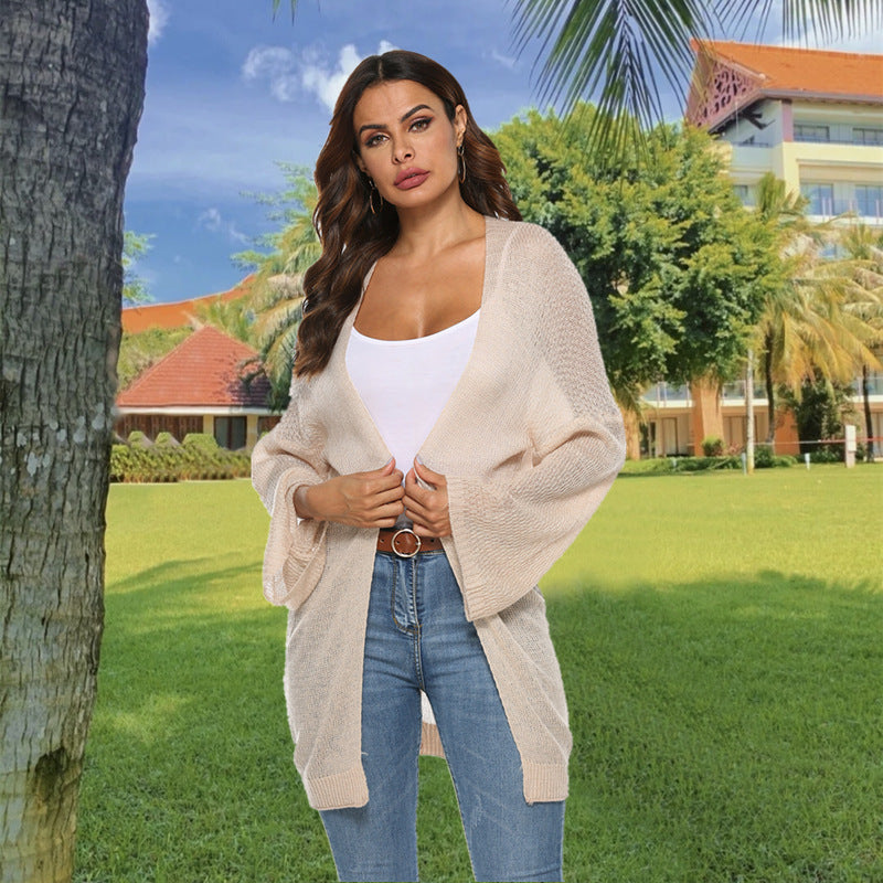Long Knit Cardigan with Casual Cut and Wide Sleeves