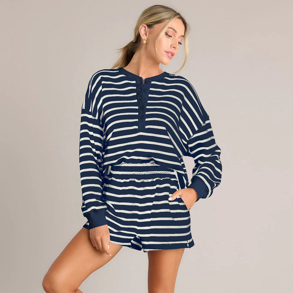 Women's Casual Striped Top and Shorts Sport-Look Set