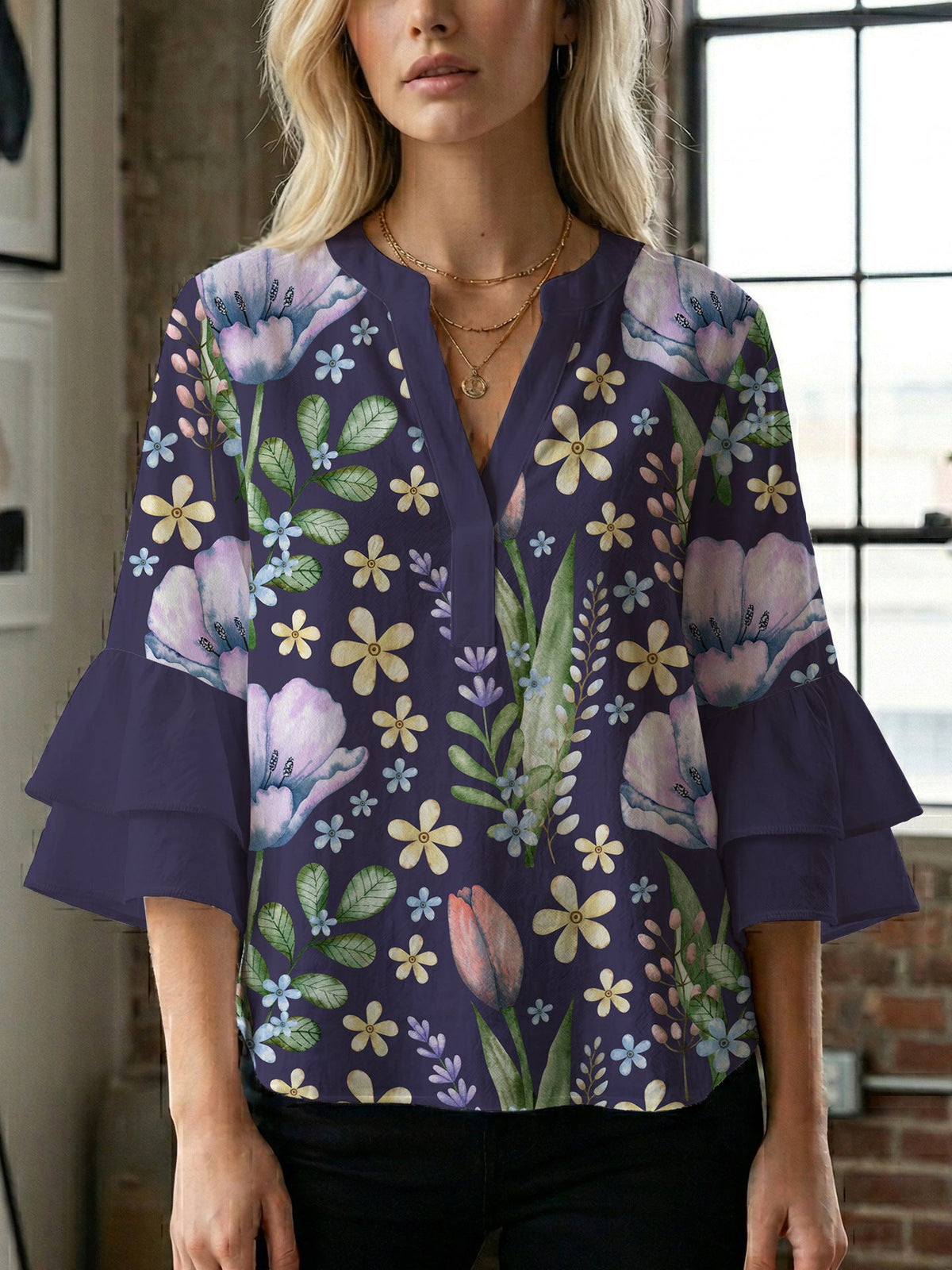 Women's Blouse with Voluminous Sleeves and Floral Design