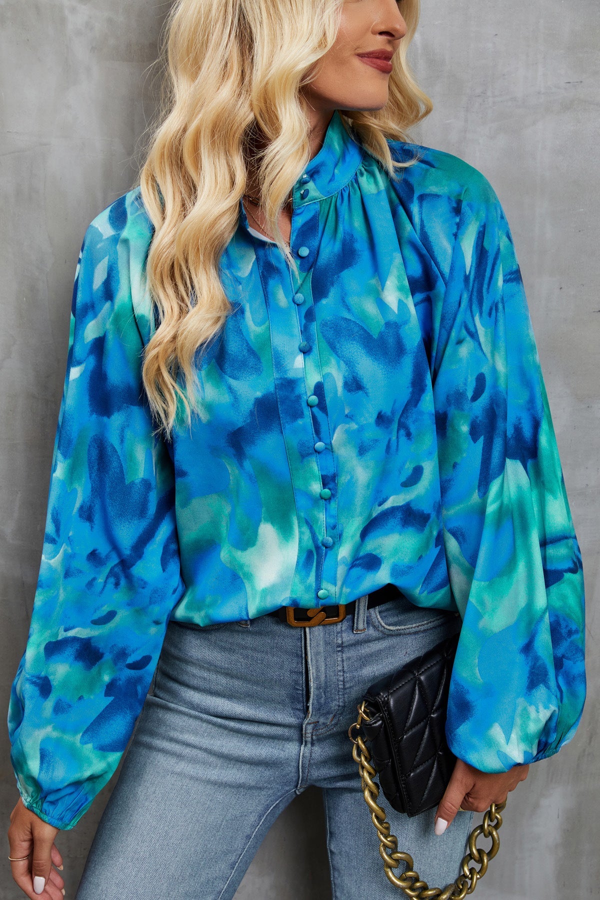 Women's Blouse with Colorful Floral Print and Pussy Bow Collar
