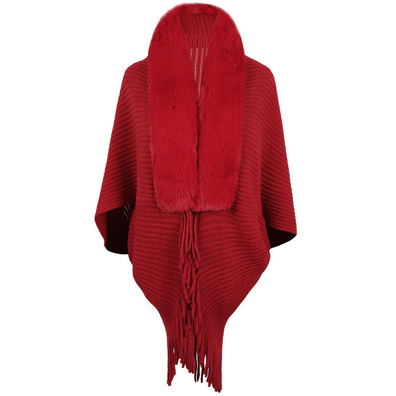 Women's Luxurious Knit Poncho with Faux Fur Collar and Fringe
