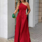 Elegant One-Shoulder Jumpsuit with Wide Leg and Waist Belt