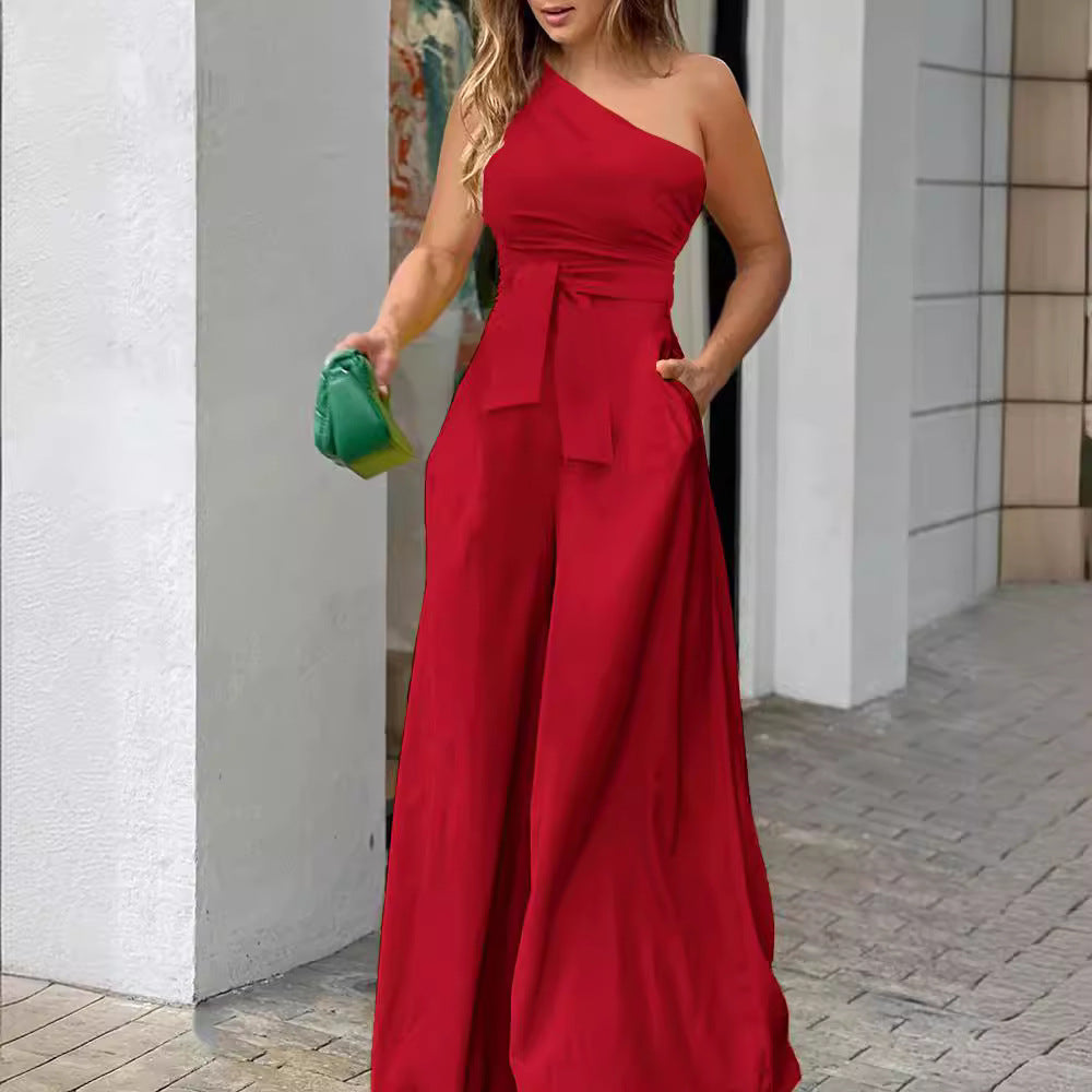 Elegant One-Shoulder Jumpsuit with Wide Leg and Waist Belt