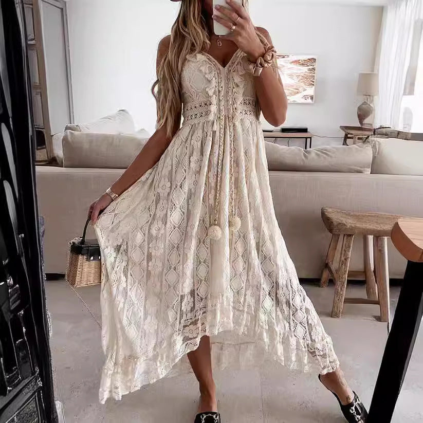 Boho Maxi Dress with Lace Accents and Decorative Tassels