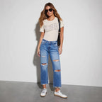 Women's High-Waist Jeans with Frayed Hem and Ripped Details