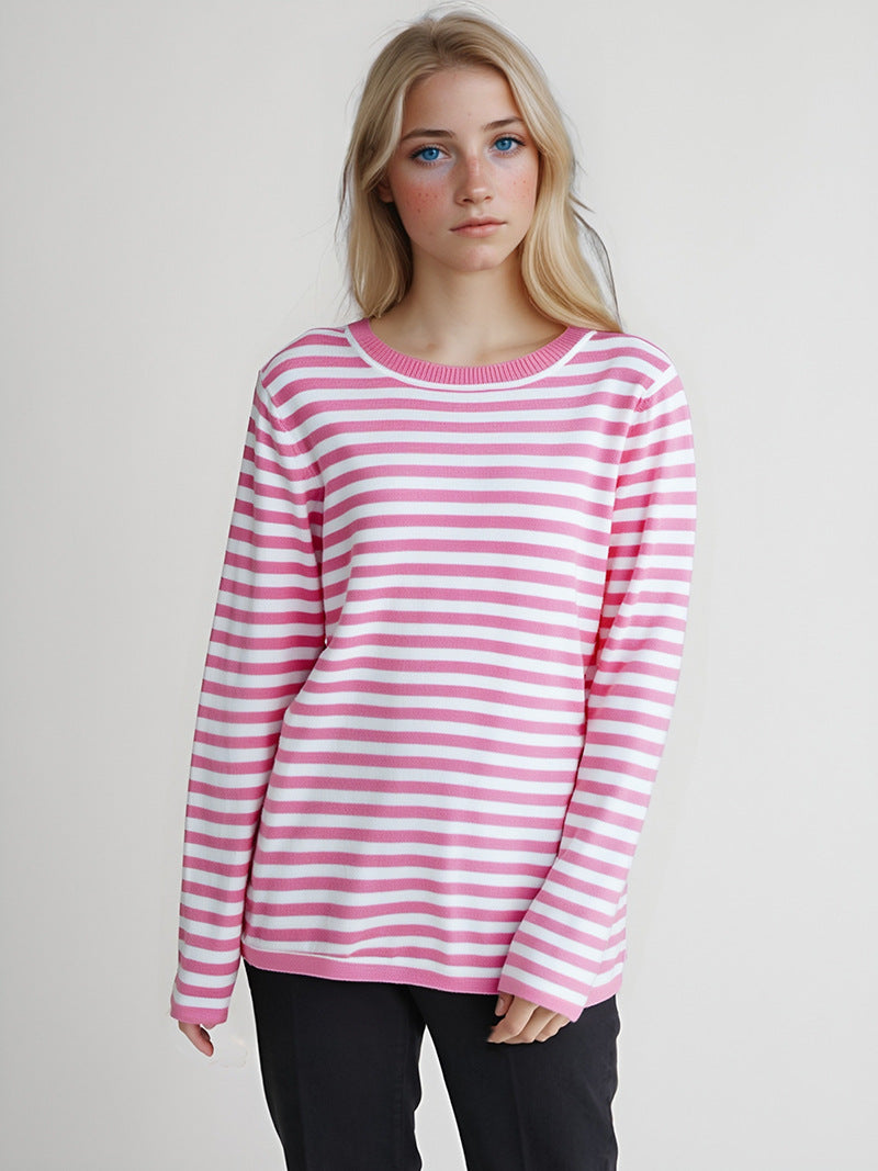 Women's Striped Long-Sleeve Sweater with Crew Neck and Casual Fit