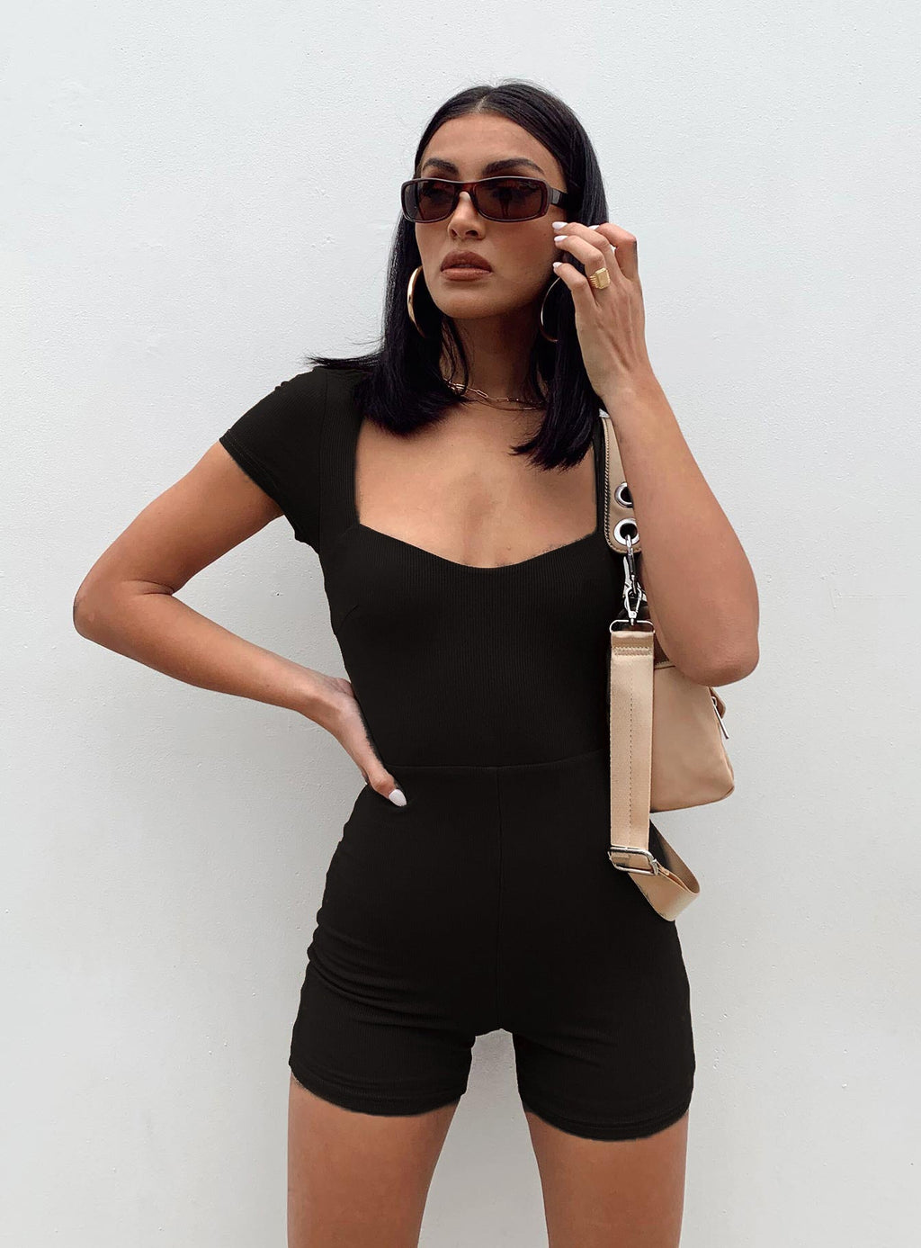 Women's Fitted Jumpsuit with Square Neckline and Short Sleeves