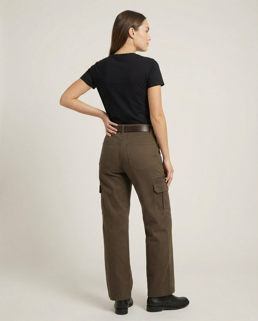 Women's High-Waisted Wide-Leg Cargo Trousers with Multi-Layer Knee Panels and Adjustable Hem Tabs
