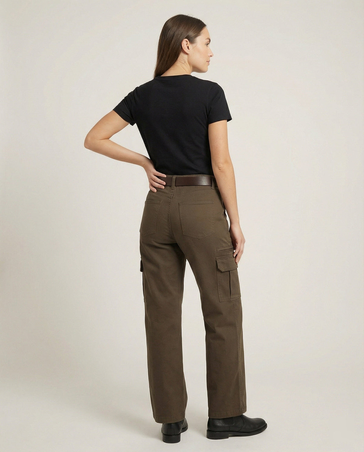 Women's High-Waisted Wide-Leg Cargo Trousers with Multi-Layer Knee Panels and Adjustable Hem Tabs