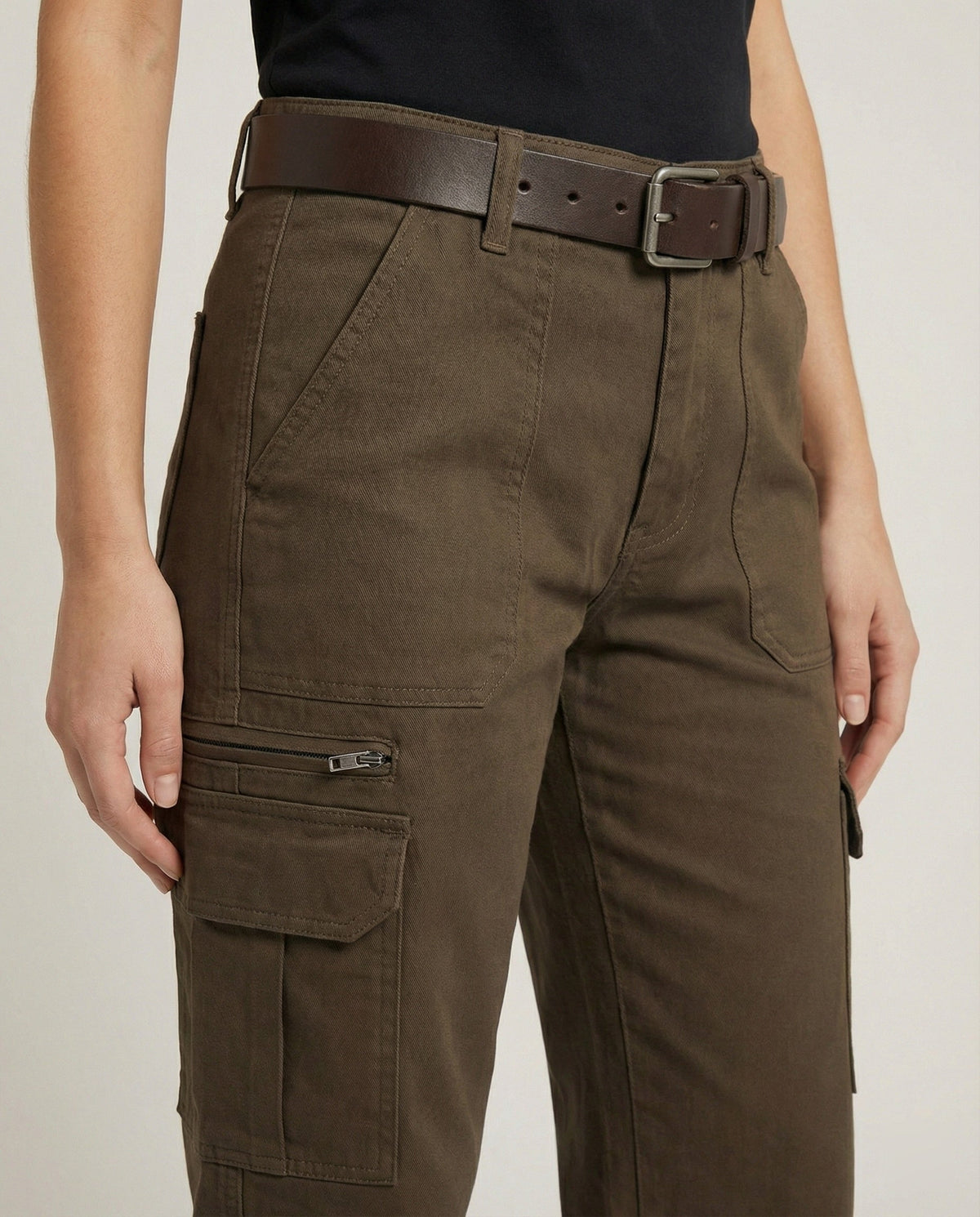 Women's High-Waisted Wide-Leg Cargo Trousers with Multi-Layer Knee Panels and Adjustable Hem Tabs