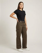 Women's High-Waisted Wide-Leg Cargo Trousers with Multi-Layer Knee Panels and Adjustable Hem Tabs