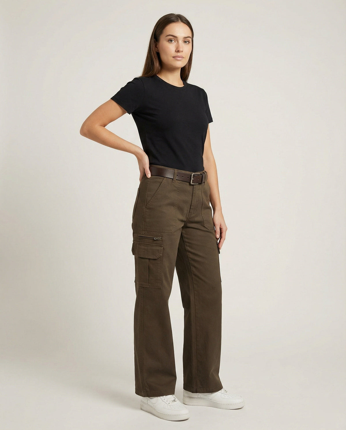 Women's High-Waisted Wide-Leg Cargo Trousers with Multi-Layer Knee Panels and Adjustable Hem Tabs