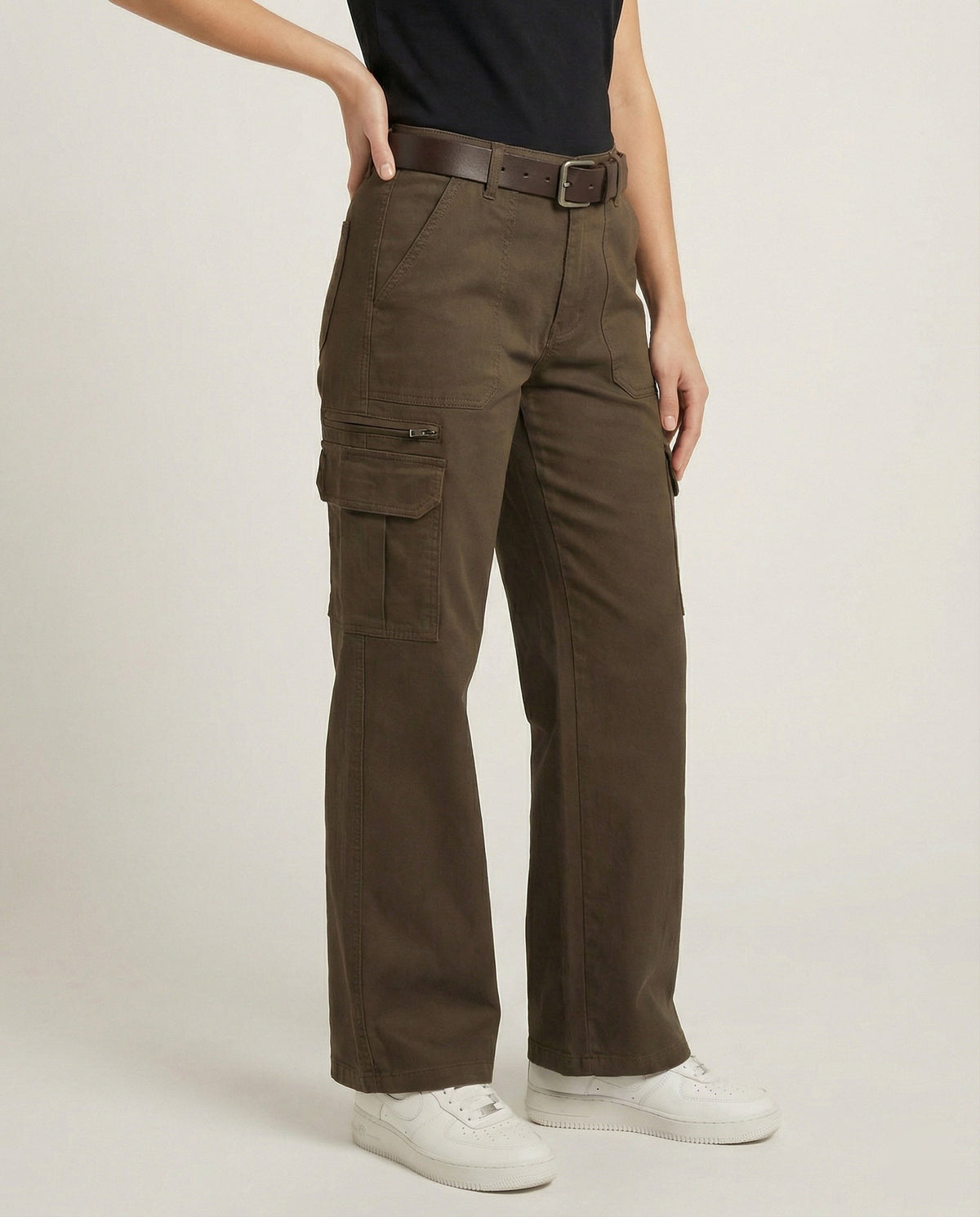 Women's High-Waisted Wide-Leg Cargo Trousers with Multi-Layer Knee Panels and Adjustable Hem Tabs
